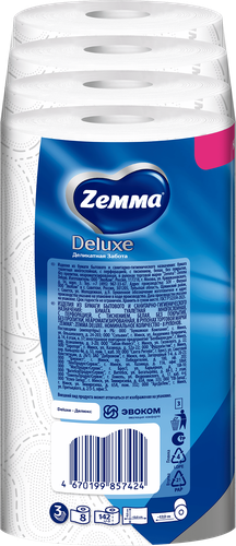 Бумага туалетная ZEMMA Deluxe Деликатная Забота 3 слоя, 8шт, крупный план