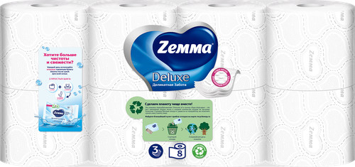 Бумага туалетная ZEMMA Deluxe Деликатная Забота 3 слоя, 8шт, фотография