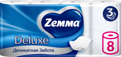 Бумага туалетная ZEMMA Deluxe Деликатная Забота 3 слоя, 8шт, изображение