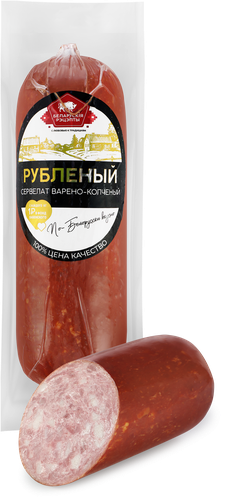Колбаса варено-копченая БЕЛАРУСКIЯ РЭЦЭПТЫ Сервелат Рубленый, весовая, крупный план