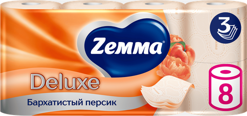 Бумага туалетная ZEMMA Deluxe Бархатистый персик 3 слоя, 8шт, изображение