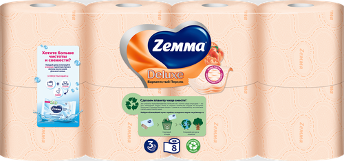 Бумага туалетная ZEMMA Deluxe Бархатистый персик 3 слоя, 8шт, вид