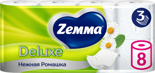 Бумага туалетная ZEMMA Deluxe Нежная Ромашка 3 слоя, 8шт, картинка