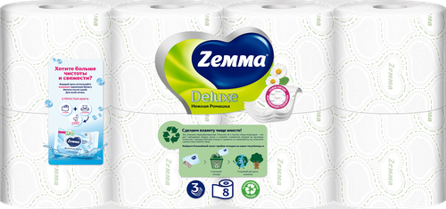 Бумага туалетная ZEMMA Deluxe Нежная Ромашка 3 слоя, 8шт, детальное фото