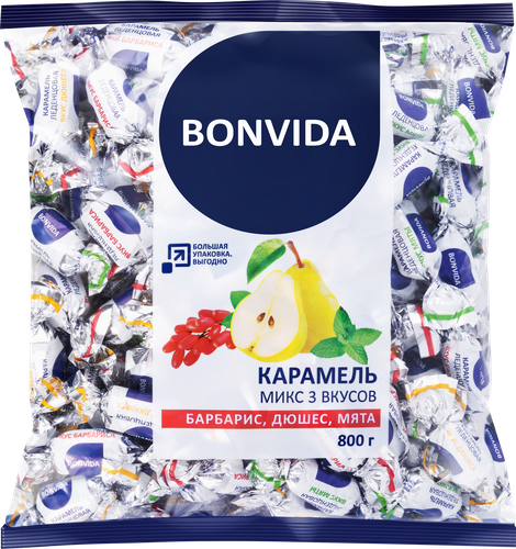 Карамель леденцовая BONVIDA барбарис, дюшес, мята, в ассортименте, 800г, крупный план