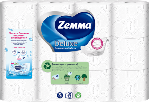 Бумага туалетная ZEMMA Deluxe Деликатная Забота 3 слоя, 12шт, вид