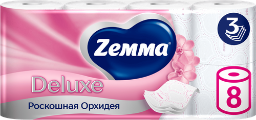 Бумага туалетная ZEMMA Deluxe Роскошная орхидея 3 слоя, 8шт, картинка