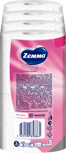 Бумага туалетная ZEMMA Deluxe Роскошная орхидея 3 слоя, 8шт, фото