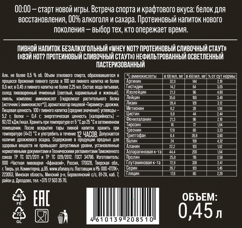Напиток пивной безалкогольный АФАНАСИЙ WHEY NOT? Протеиновый сливочный стаут нефильтрованный осветленный пастеризованный 0,5%, 0.45л, фото