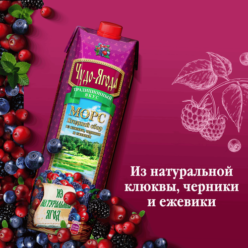 Морс ЧУДО-ЯГОДА Ягодный сбор Клюква, черника и ежевика, голубика, 0.97л, картинка