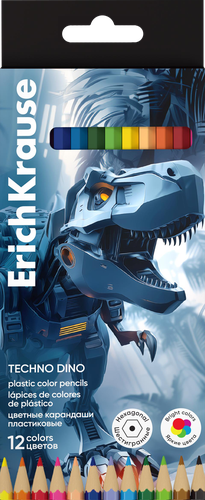 Карандаши цветные ERICHKRAUSE Техно Дино, пластиковые, шестигранные, 12 цветов, 12шт, изображение