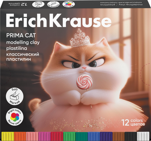 Пластилин ERICHKRAUSE Классический Прима-кошка 12 цветов со стеком, 192г, детальное фото