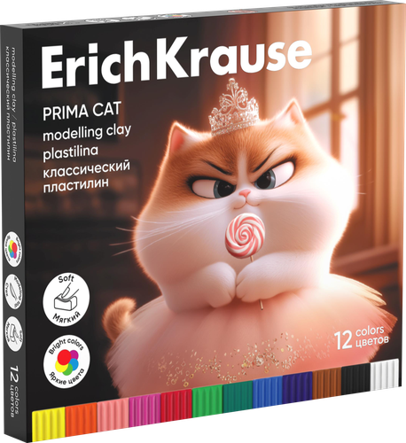 Пластилин ERICHKRAUSE Классический Прима-кошка 12 цветов со стеком, 192г, фото