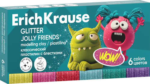 Пластилин ERICHKRAUSE Классический Веселые друзья с блестками, 6 цветов со стеком, 108г, фотография