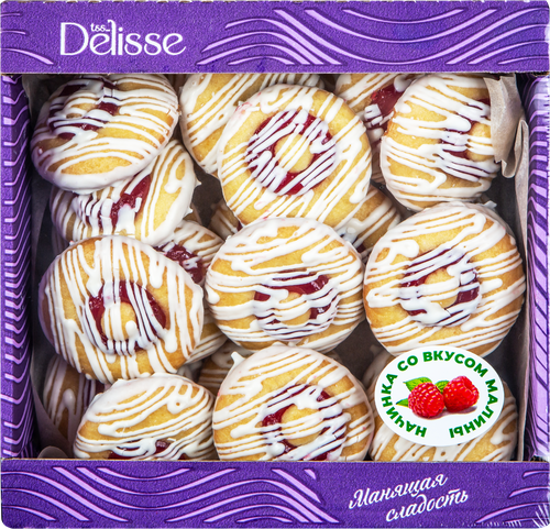 Печенье бисквитное DELISSE с начинкой со вкусом малины, в белой глазури, 450г, крупный план
