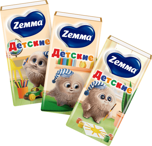 Платочки бумажные носовые ZEMMA Детские 3 слоя, 10шт, крупный план