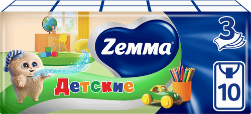 Платочки бумажные носовые ZEMMA Детские 3 слоя, 10шт, изображение