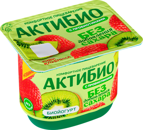 Йогурт АКТИБИО Киви-клубника без сахара 3%, без змж, 130г, крупный план
