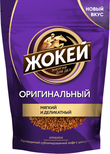 Кофе растворимый ЖОКЕЙ Арабика оригинальный с добавлением цикория, 130г, крупный план