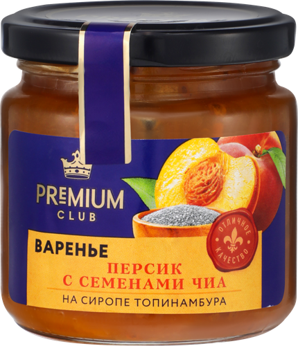 Варенье PREMIUM CLUB Персик с семенами чиа, на сиропе топинамбура, 200г, изображение