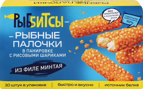 Рыбные палочки РЫББИТСЫ из филе минтая в панировке c рисовыми шариками, 250г, крупный план
