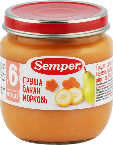 Пюре фруктово-овощное SEMPER Груша, банан, морковь, с 6 месяцев, 120г, фотография
