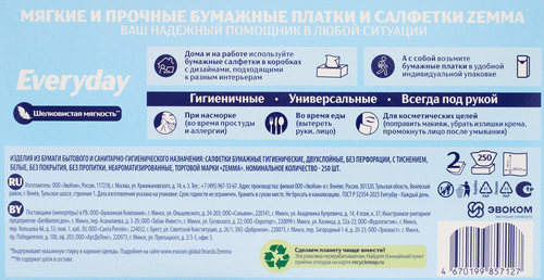 Салфетки бумажные ZEMMA Everyday 2 слоя, в коробке, 250шт, крупный план