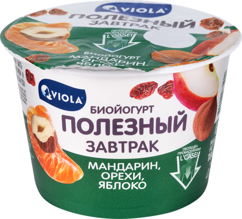 Йогурт VIOLA Полезный завтрак Мандарин, яблоко 5%, без змж, 180г, крупный план