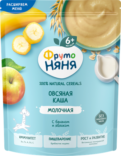 Каша овсяная ФРУТОНЯНЯ молочная, с бананом и яблоком, с 6 месяцев, 190г, детальное фото