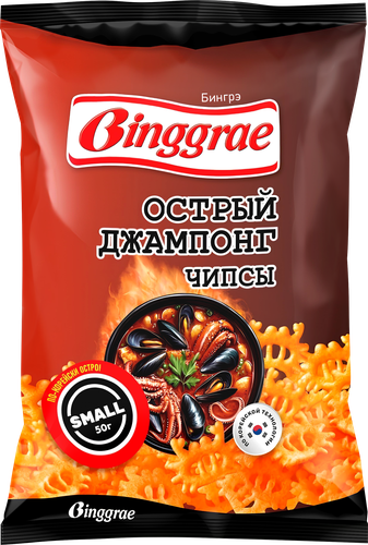 Чипсы пшеничные БИНГРЭ со вкусом острого корейского супа Джампонг, 40г, крупный план