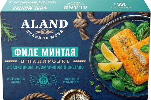 Минтай замороженный ALAND с базиликом, розмарином и орегано, филе в панировке, 300г, фотография