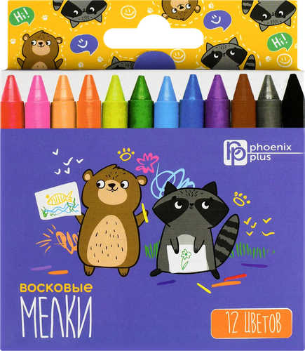 Мелки восковые ФЕНИКС+ Мишка и енот, 12 цветов, Арт. 69654, 12шт, фото