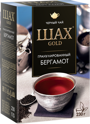 Чай черный ШАХ Голд с ароматом бергамота, байховый гранулированный, 230г, крупный план