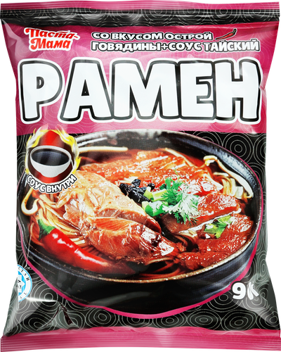 Лапша ПАСТА-МАМА Рамен со вкусом острой говядины и Тайским соусом, 90г, крупный план