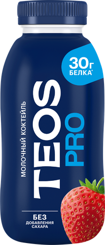 Коктейль молочный TEOS Pro Клубника, высокобелковый, без змж, 330г, крупный план