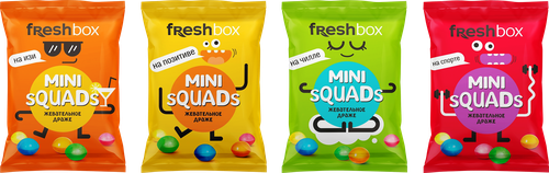 Драже жевательное FRESHBOX Mini Squads со вкусом клубники/голубики/апельсина/лимона/яблока/винограда, 40г, фотография