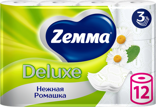Бумага туалетная ZEMMA Deluxe Нежная Ромашка 3 слоя, 12шт, изображение