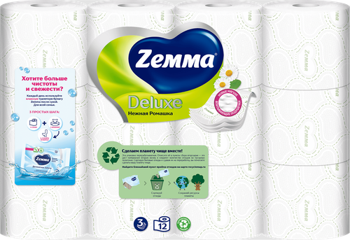 Бумага туалетная ZEMMA Deluxe Нежная Ромашка 3 слоя, 12шт, фото