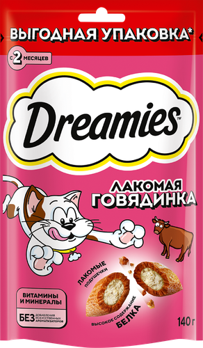 Лакомство для взрослых кошек DREAMIES с добавлением говядины, 140г, крупный план