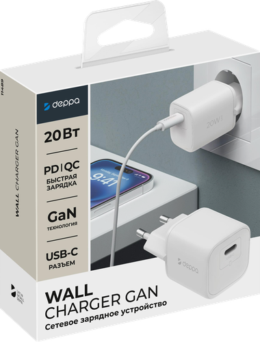 Сетевое зарядное устройство DEPPA USB-C, PD 3.0, QC 4.0+, 20W, GaN, белый, Арт. 11489, изображение