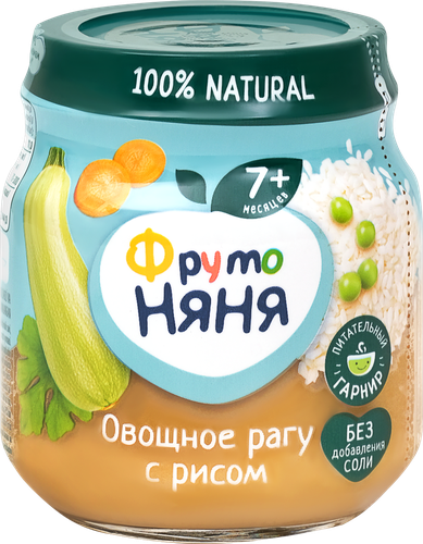 Пюре овощное ФРУТОНЯНЯ Овощное рагу, горох, кабачок и морковь с рисом, с 7 месяцев, 110г, картинка