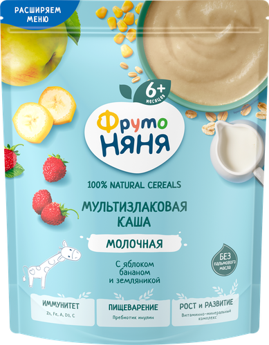 Каша мультизлаковая ФРУТОНЯНЯ молочная, с яблоком, бананом и земляникой, с 6 месяцев, 190г, крупный план