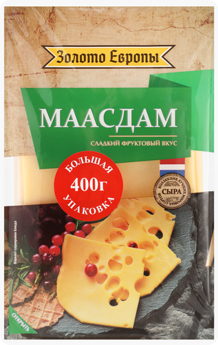 Сыр ЗОЛОТО ЕВРОПЫ Маасдам 45% нарезка, без змж, 400г, картинка
