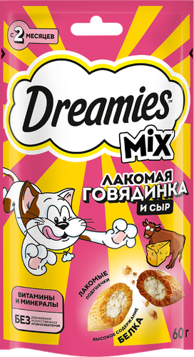 Лакомство для взрослых кошек DREAMIES MIX (Микс) говядина, сыр, 60г, фото