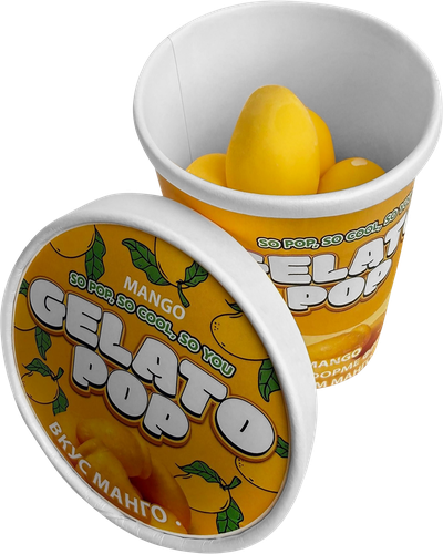 Мороженое в форме фруктов GELATO POP со вкусом манго 1,82%, без змж, картонный стакан, 190г, крупный план
