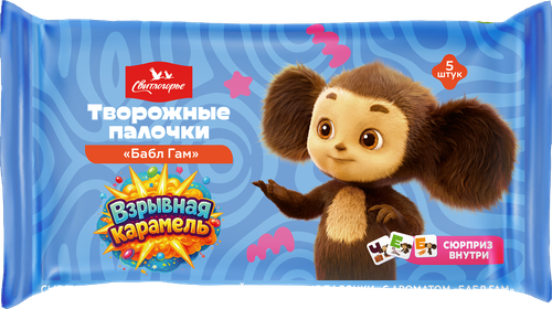 Сырок творожный глазированный СВИТЛОГОРЬЕ Чебурашка, твердые палочки, взрывная карамель с бабл гам 16%, без змж, 150г, фотография