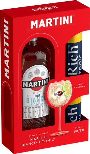 Промо-набор MARTINI Бьянко виноградосодержащий из виноградного сырья+тоник сильногазированный 2х0.33л, 1л, крупный план