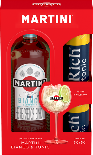 Промо-набор MARTINI Бьянко виноградосодержащий из виноградного сырья+тоник сильногазированный 2х0.33л, 1л, крупный план