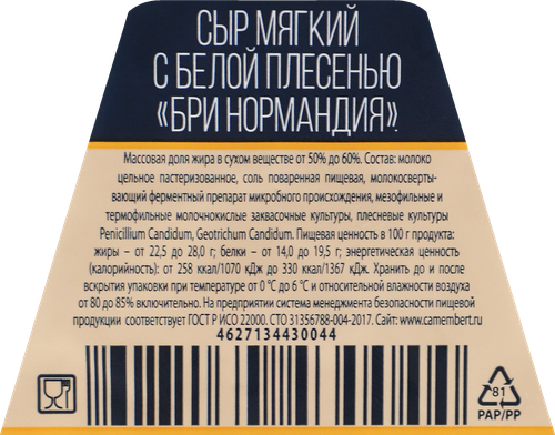 Сыр НОРМАНДИЯ Бри с белой плесенью 50–60%, без змж, 100г, крупный план