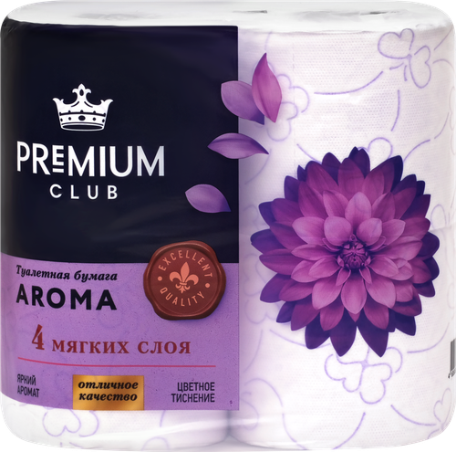 Бумага туалетная PREMIUM CLUB Ароматерапия 4 слоя, белая с цветным тиснением, 4шт, фотография